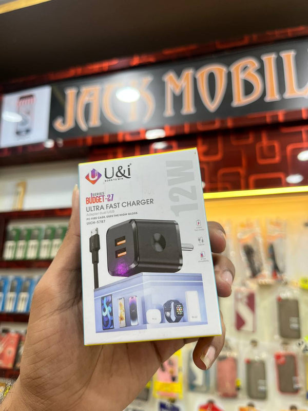U&i Budget-27 Ultra Fast Charger Dual USB 12W with Cable – Black (6 Months Warranty)