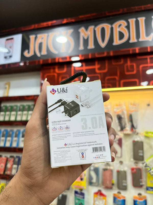 U&i Budget-27 Ultra Fast Charger Dual USB 12W with Cable – Black (6 Months Warranty)
