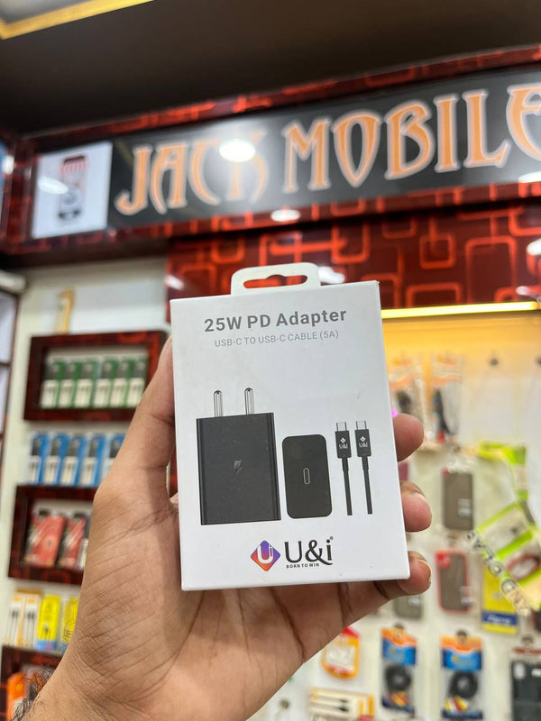 U&i 25W PD Fast Charger Adapter with USB-C to USB-C Cable (5A) – Black (6 Months Warranty)
