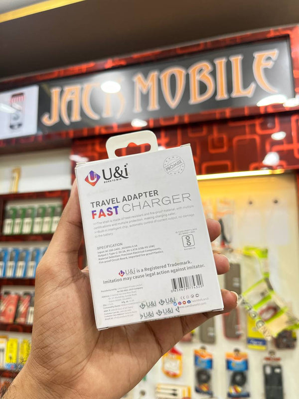 U&i 25W PD Fast Charger Adapter with USB-C to USB-C Cable (5A) – Black (6 Months Warranty)